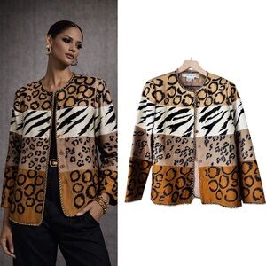 Vintage Silk Mix Animal Print Block Blazer With Gold Chain Detail Size 10